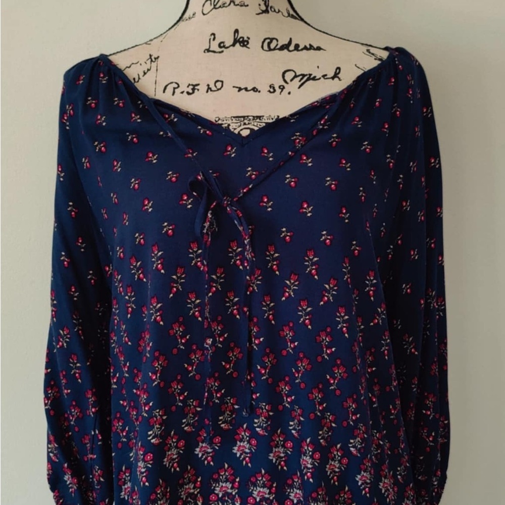 Blue Tie Front Blouse with Long Sleeves